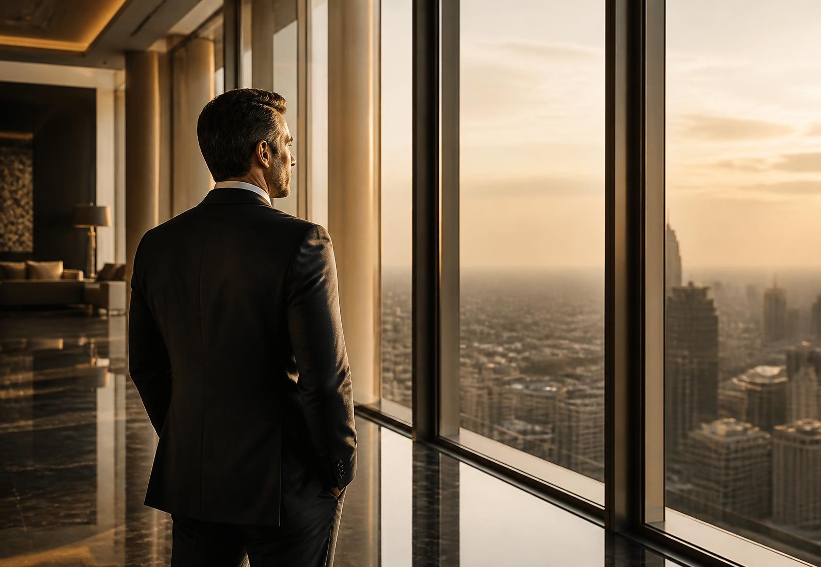 Executiva em lobby corporativo com vista para o horizonte urbano